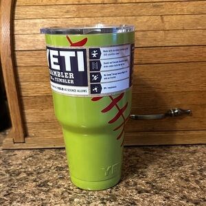 YETI 30oz Lime green ramble with softball lace design NWT